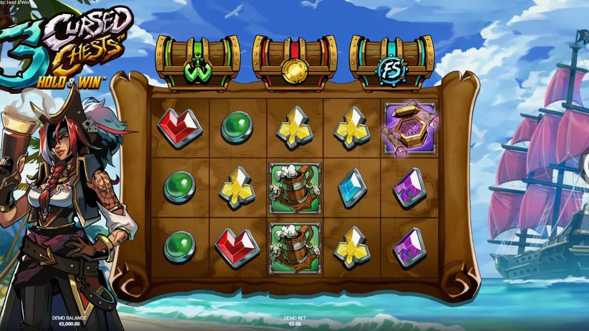 Tampilan visual slot 3 Cursed Chests dengan tema bajak laut yang gelap