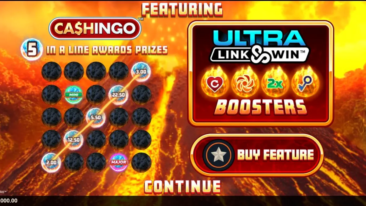 Tampilan visual slot Eruption Blaze Cashingo yang penuh dengan elemen api dan koin emas.